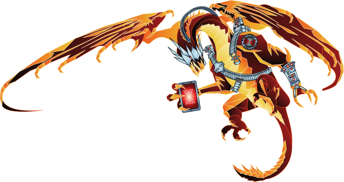 The Code Master's digital self: a red and gold cyborg dragon
